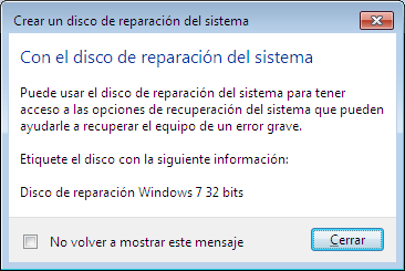Crear disco de reparación de Windows 7